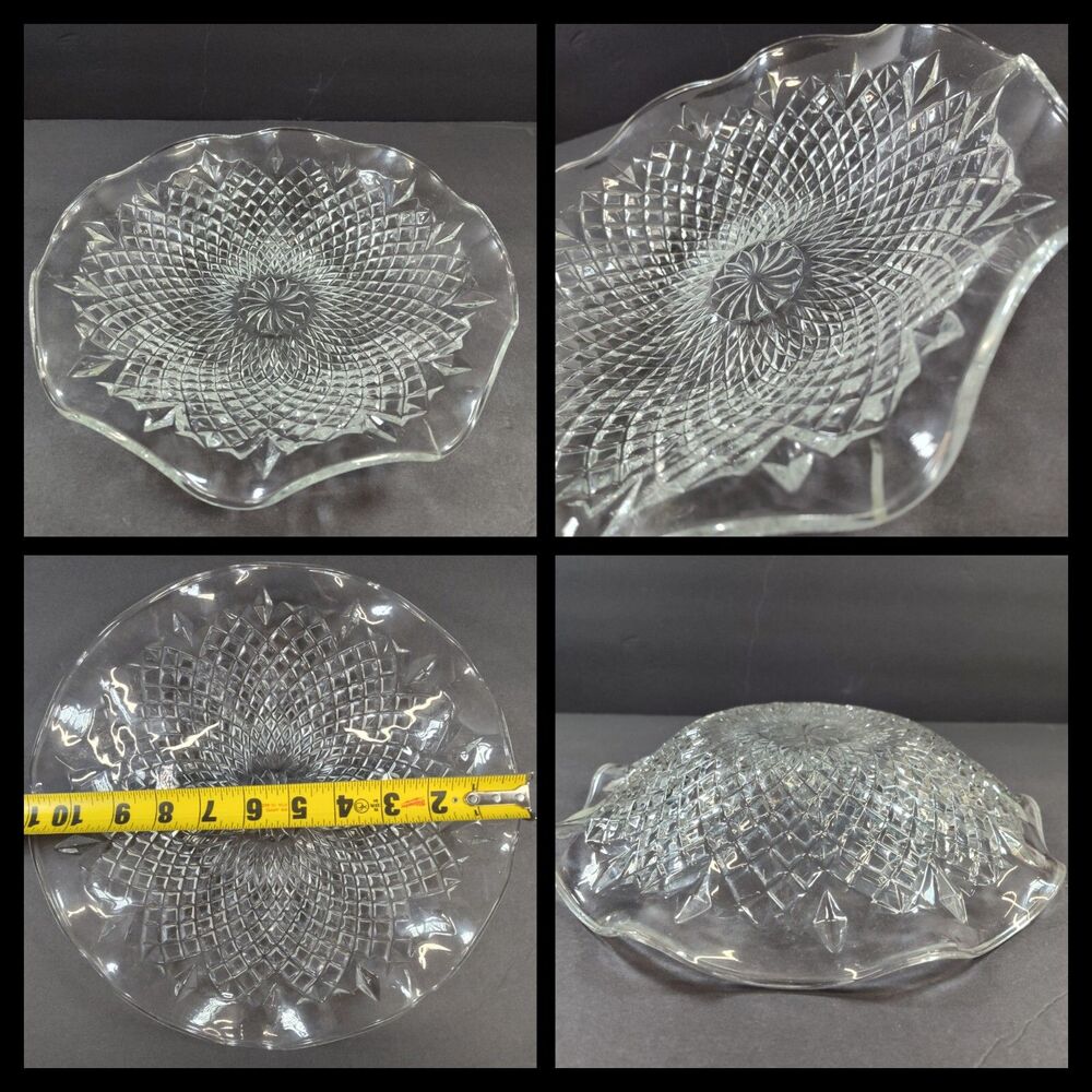 VINTAGE GLASS DIAMOND POINT CUT SCALLOPED BOWL-11"X2.5"